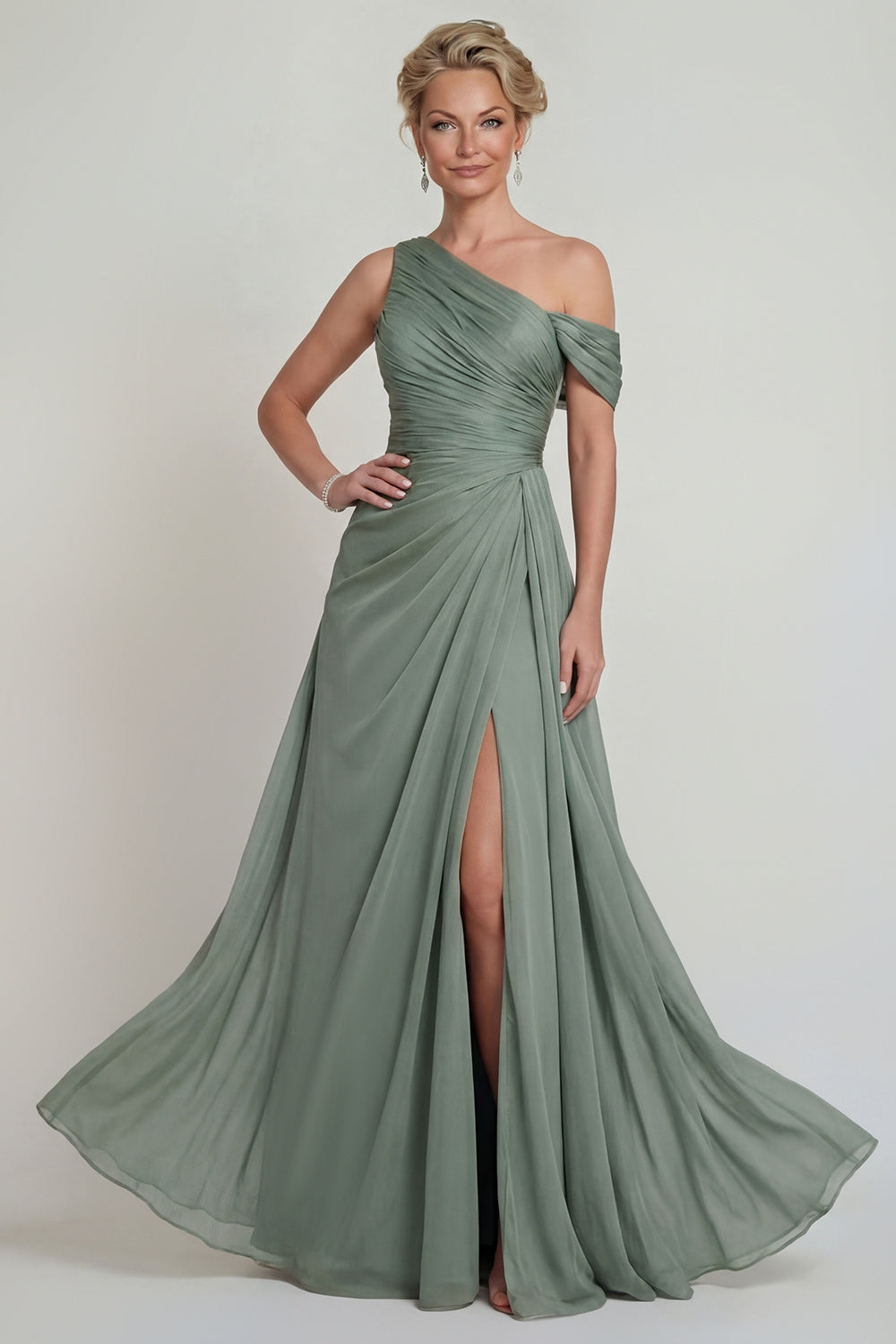 Dusty Sage Chiffon A Line Asymmetrical Neck Long Evening with Slit