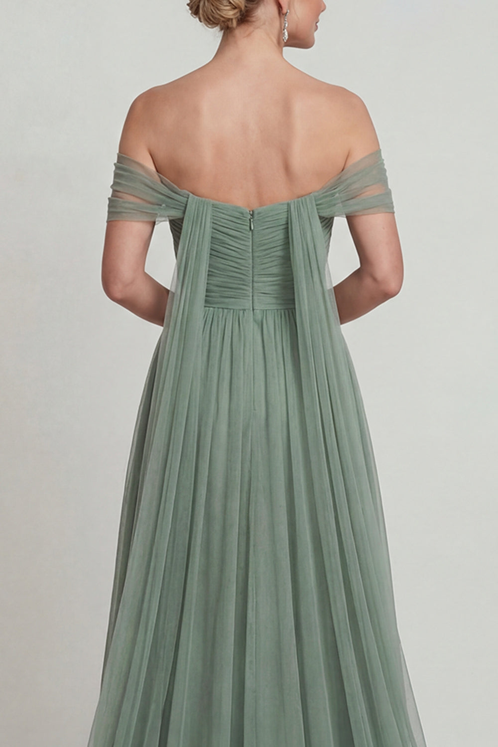 Dusty Sage A Line Chiffon Off the Shoulder Maxi Evening Dress