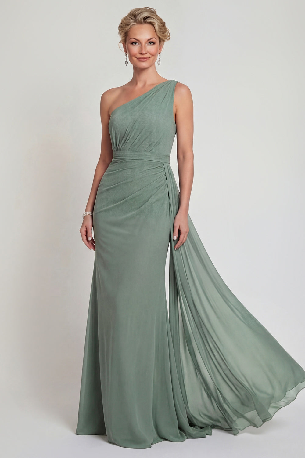 Dusty Sage One Shoulder Mermaid Chiffon Long Evening Dress