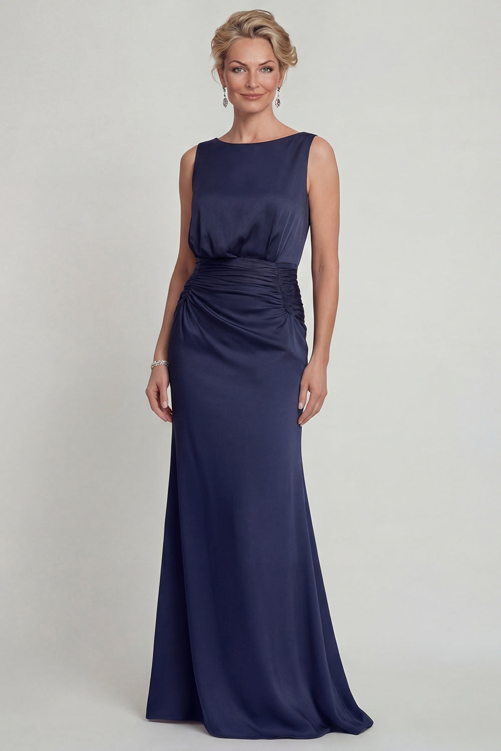 Navy Satin Mermaid Bateau Neck Long Evening Dress