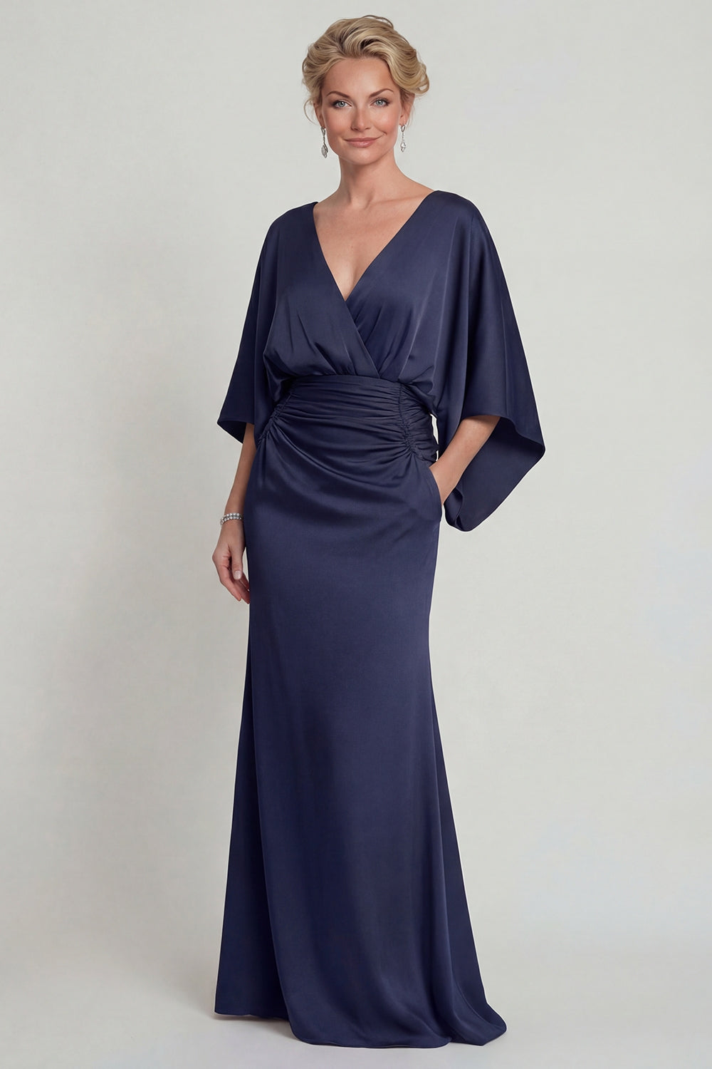Navy V Neck Satin Mermaid Long Evening Dress with Sleeves