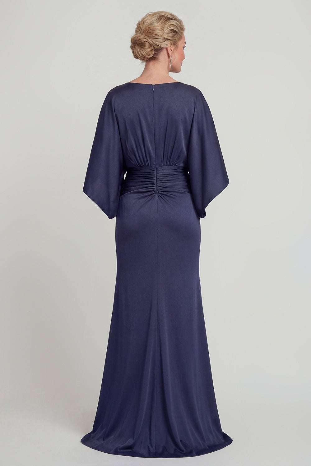 Navy V Neck Satin Mermaid Long Evening Dress with Sleeves