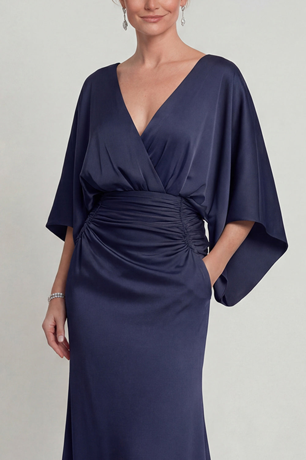Navy V Neck Satin Mermaid Long Evening Dress with Sleeves
