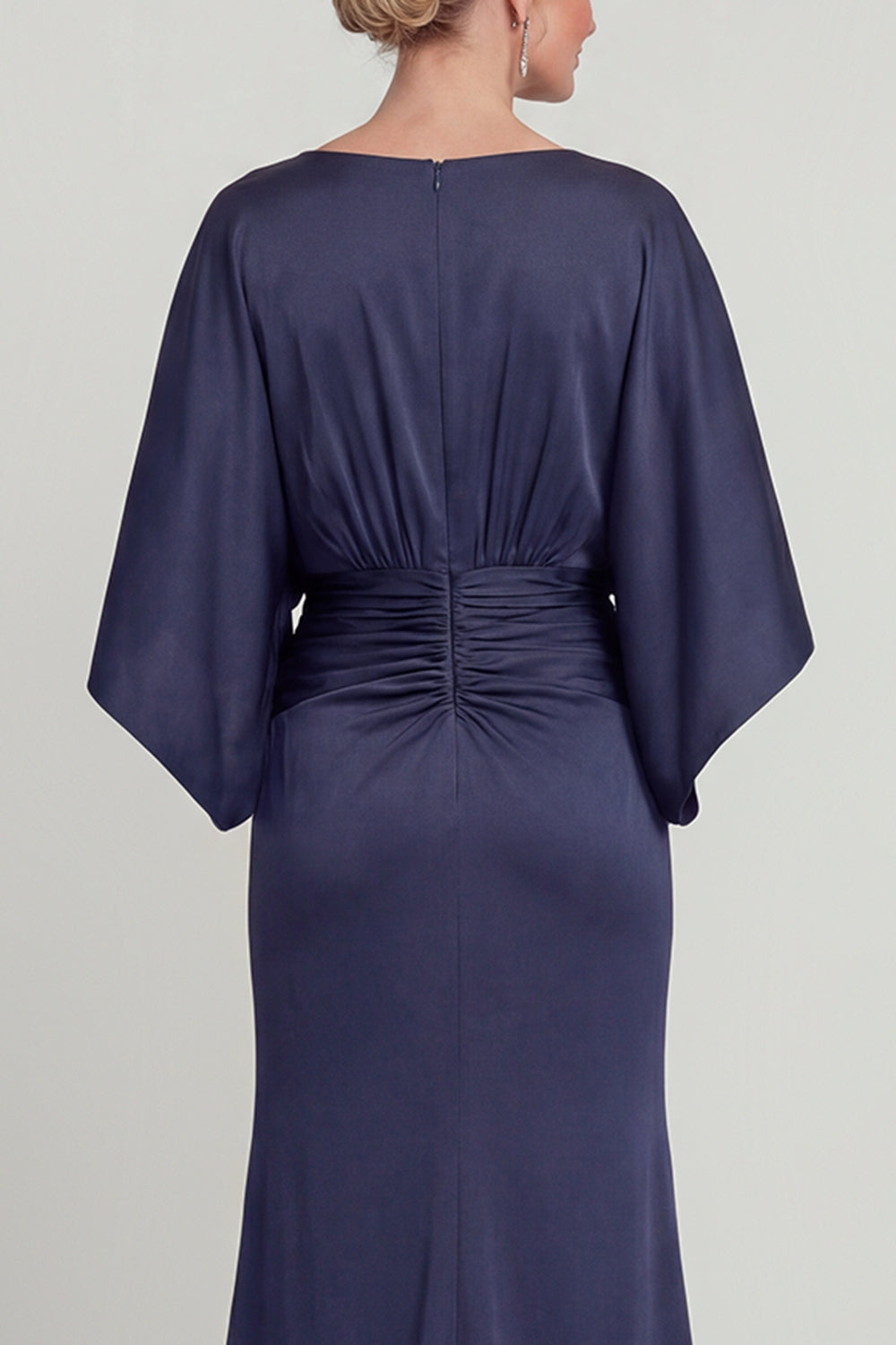 Navy V Neck Satin Mermaid Long Evening Dress with Sleeves