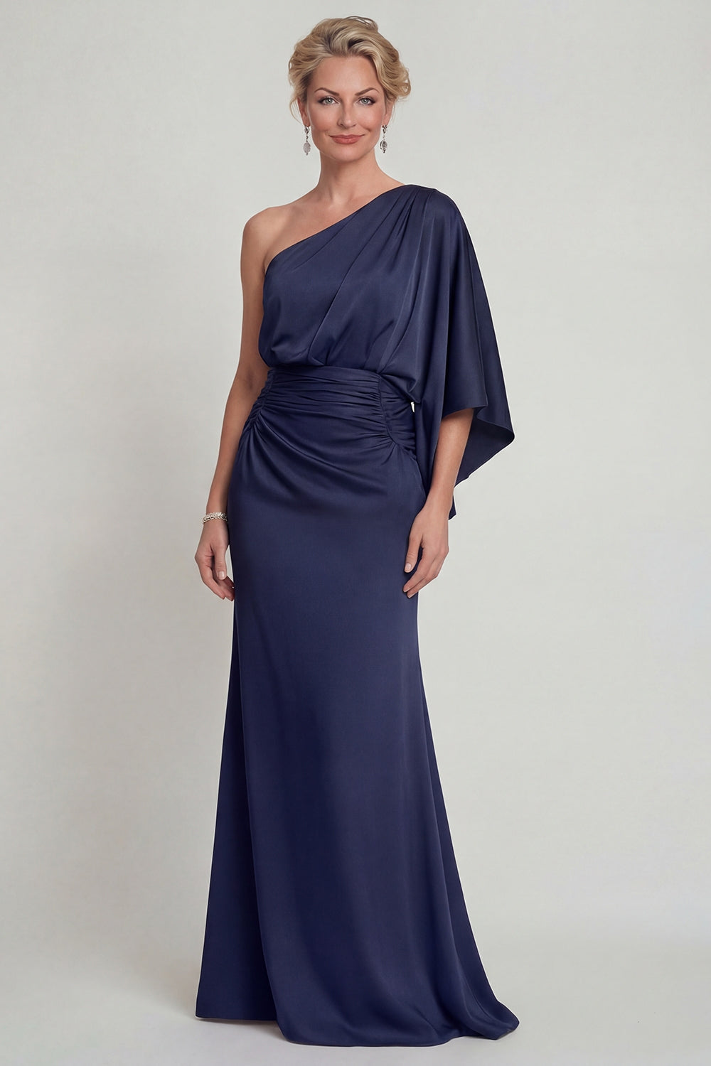 Navy One Shoulder Mermaid Maxi Evening Dress with Sleeves