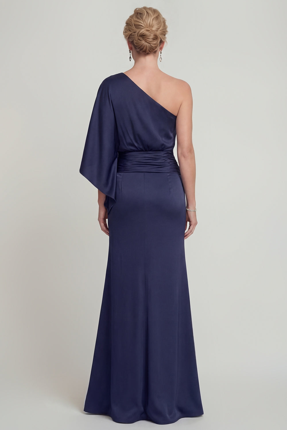 Navy One Shoulder Mermaid Maxi Evening Dress with Sleeves