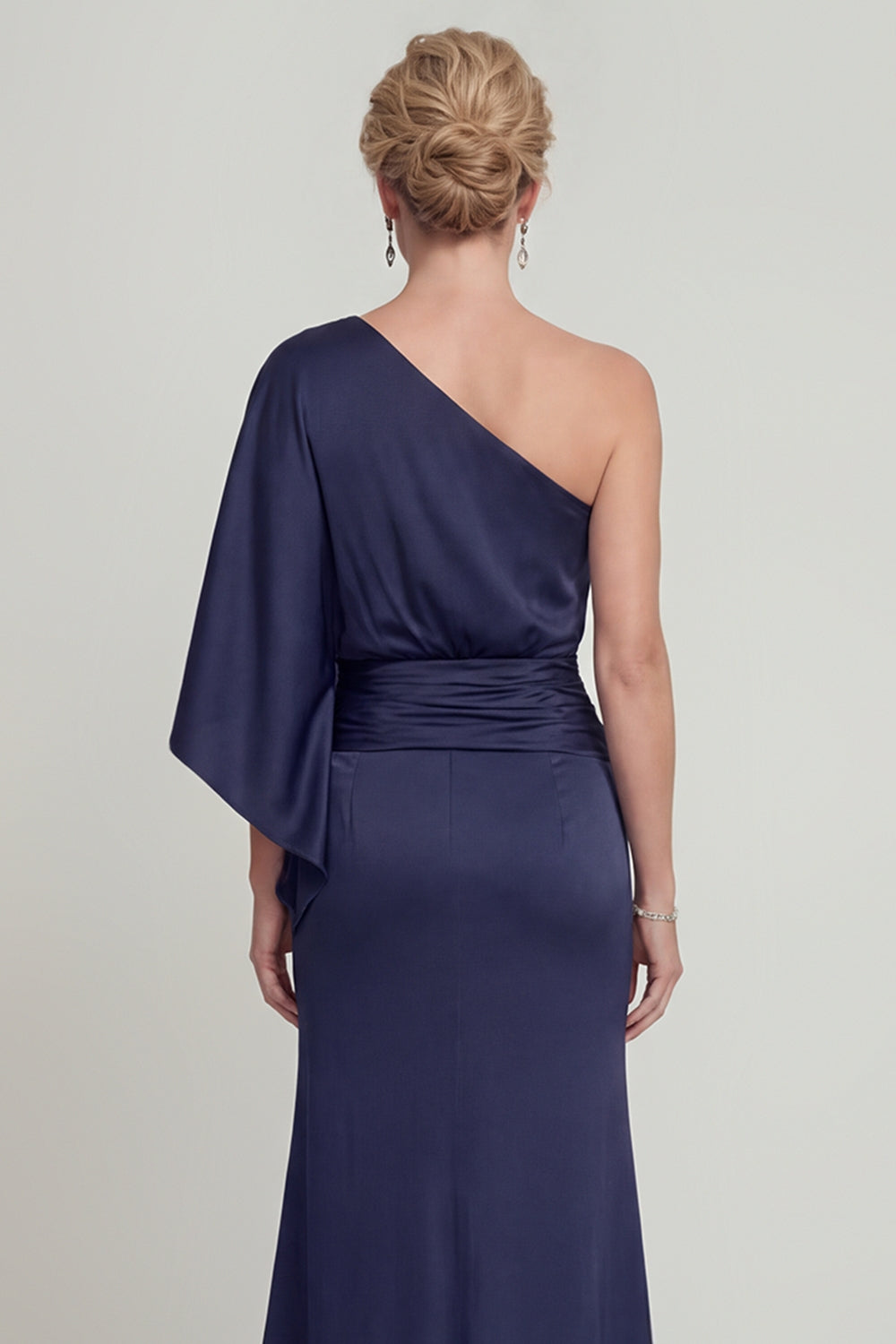 Navy One Shoulder Mermaid Maxi Evening Dress with Sleeves