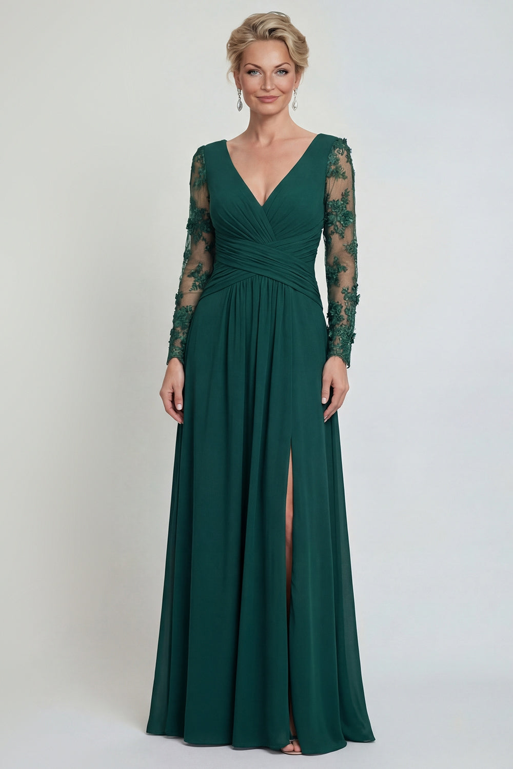 Dark Green A Line V Neck Long Sleeves Evening Dress with Lace