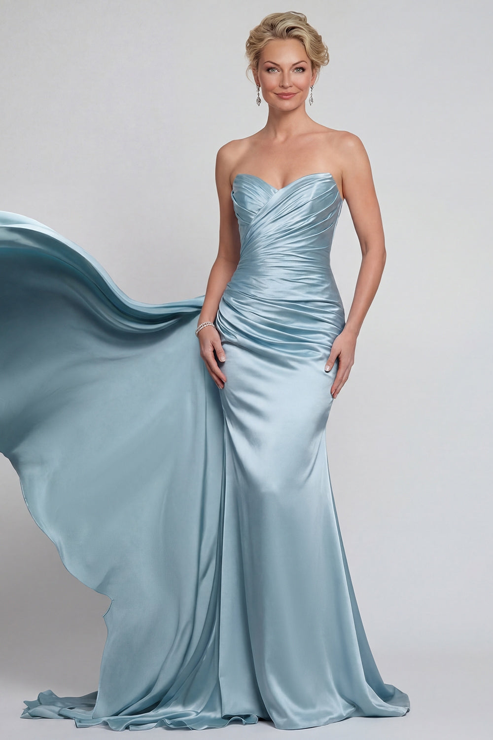 Blue Sweetheary Ruched Mermaid Long Evening Dress with Side Cape