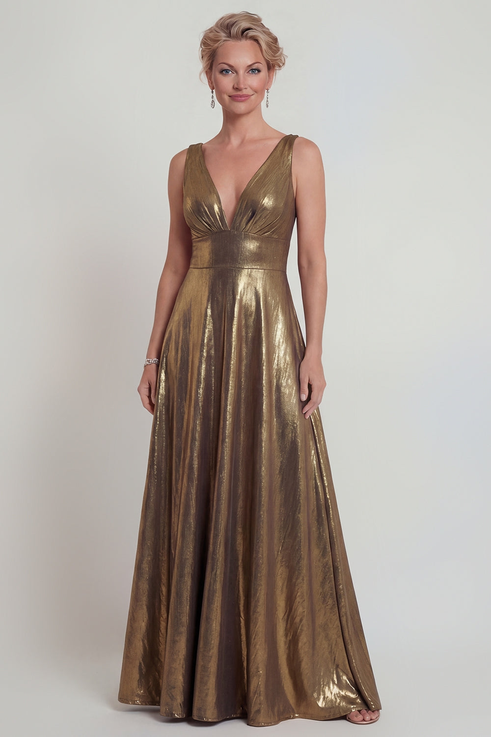 Golden V Neck Metallic A Line Maxi Evening Dress