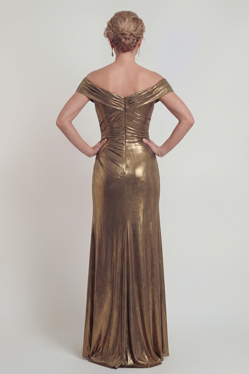 Golden Off the Shoulder Sheath Metallic Long Evening Dress with Slit