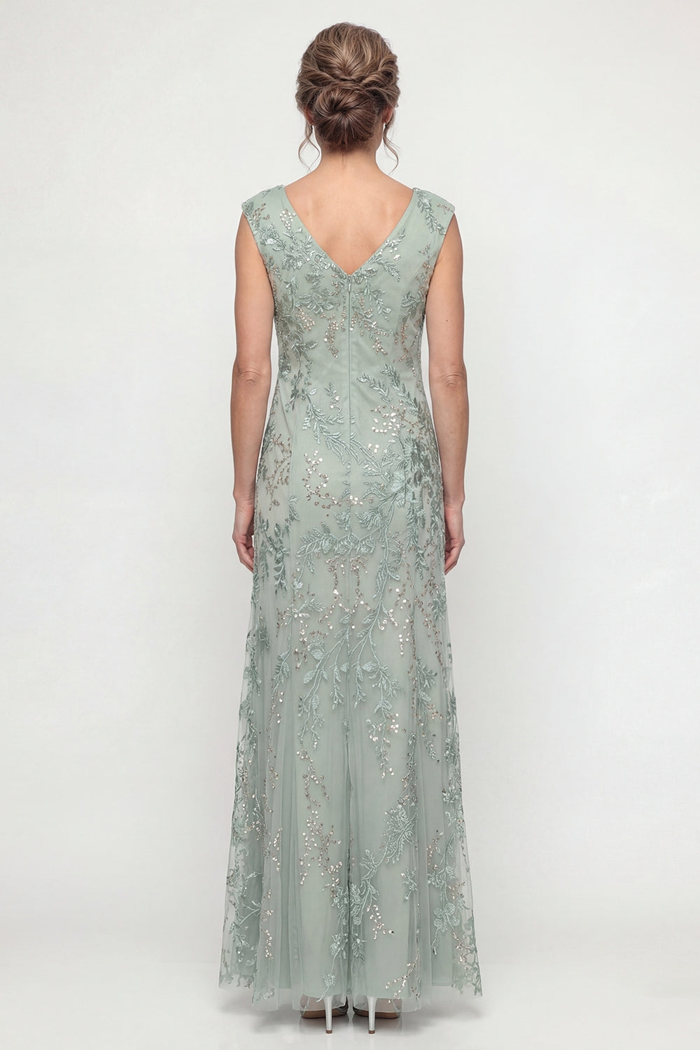 Sparkly Green V Neck Floral Maxi Evening Dress