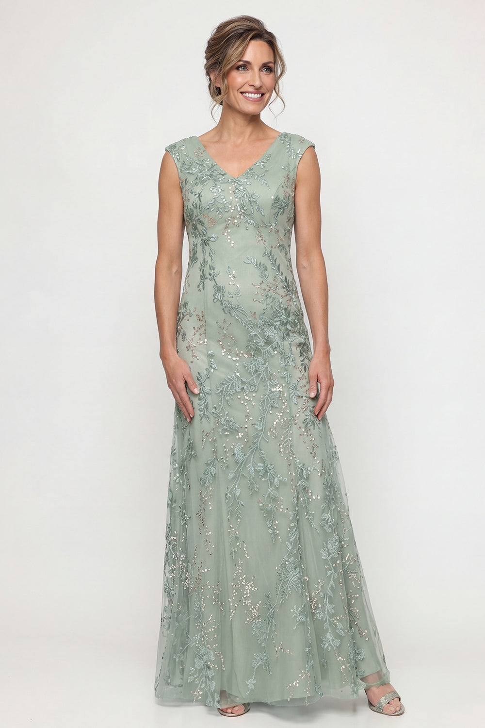 Sparkly Green V Neck Floral Maxi Evening Dress