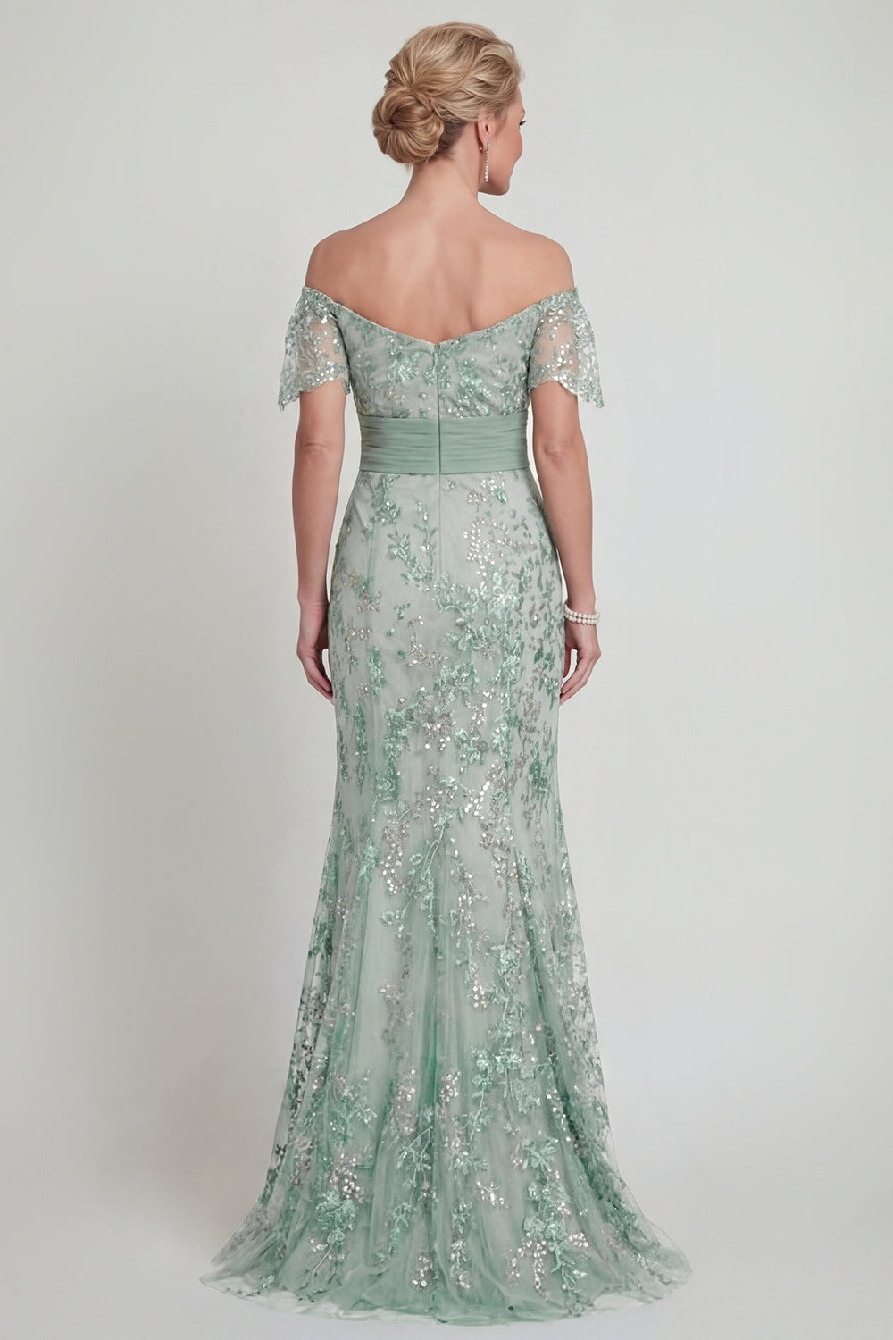 Sparkly Green Floral Mermaid Off the Shoulder Maxi Evening Dress