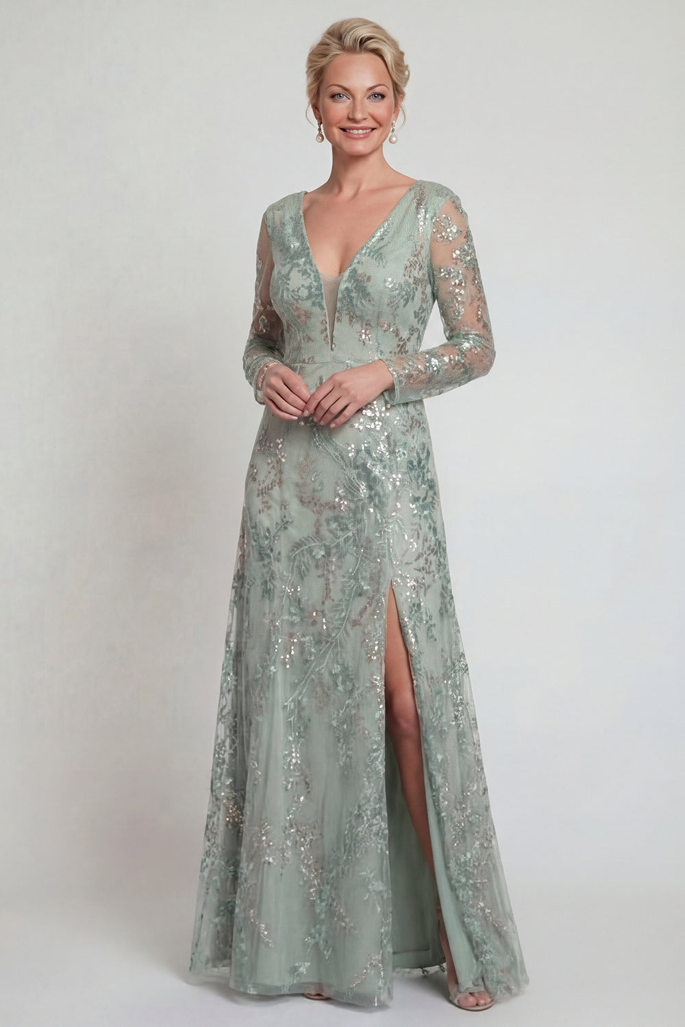 Sparkly Green Floral A Line Long Evening Dress with Sleeves