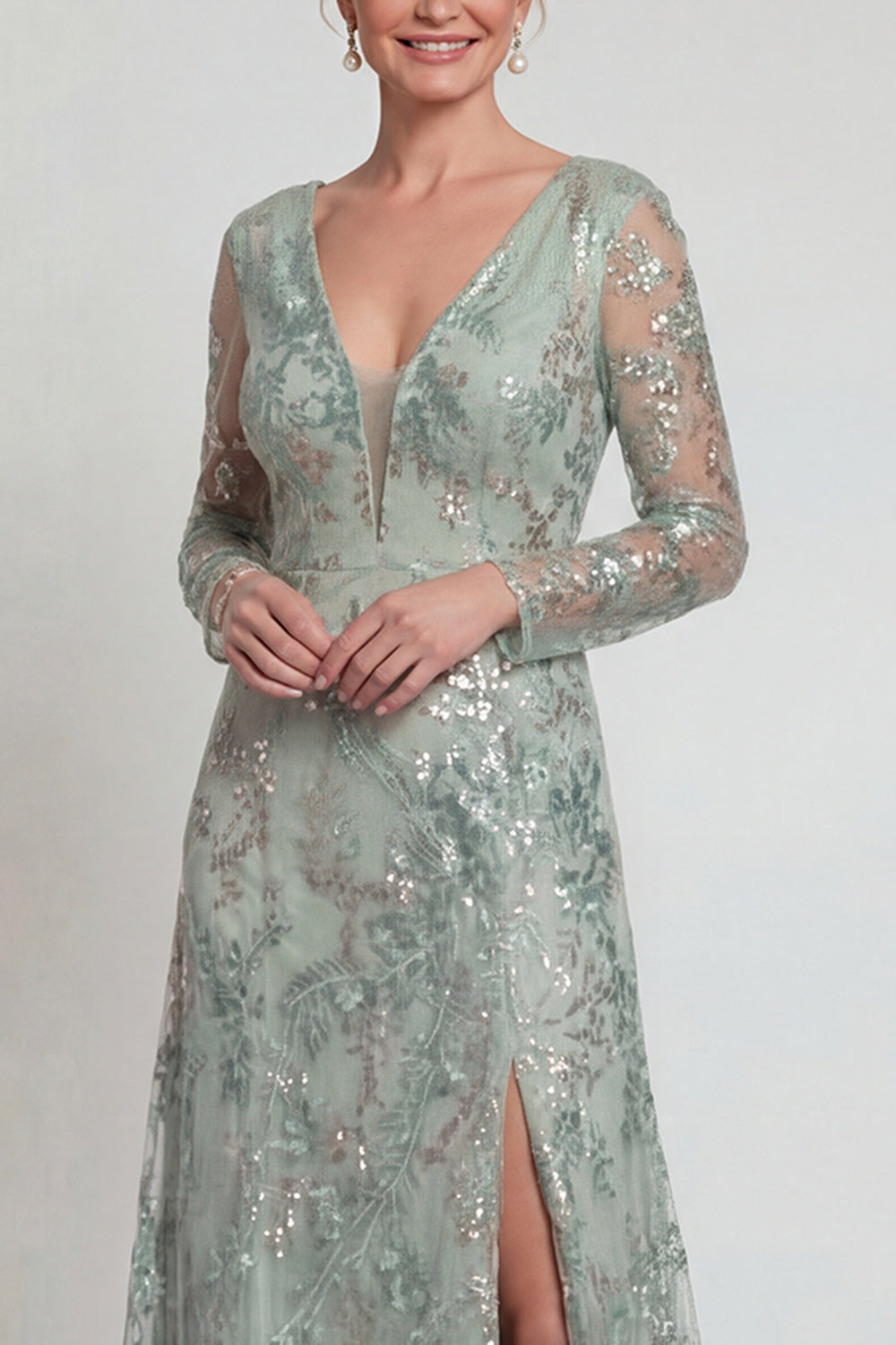 Sparkly Green Floral A Line Long Evening Dress with Sleeves