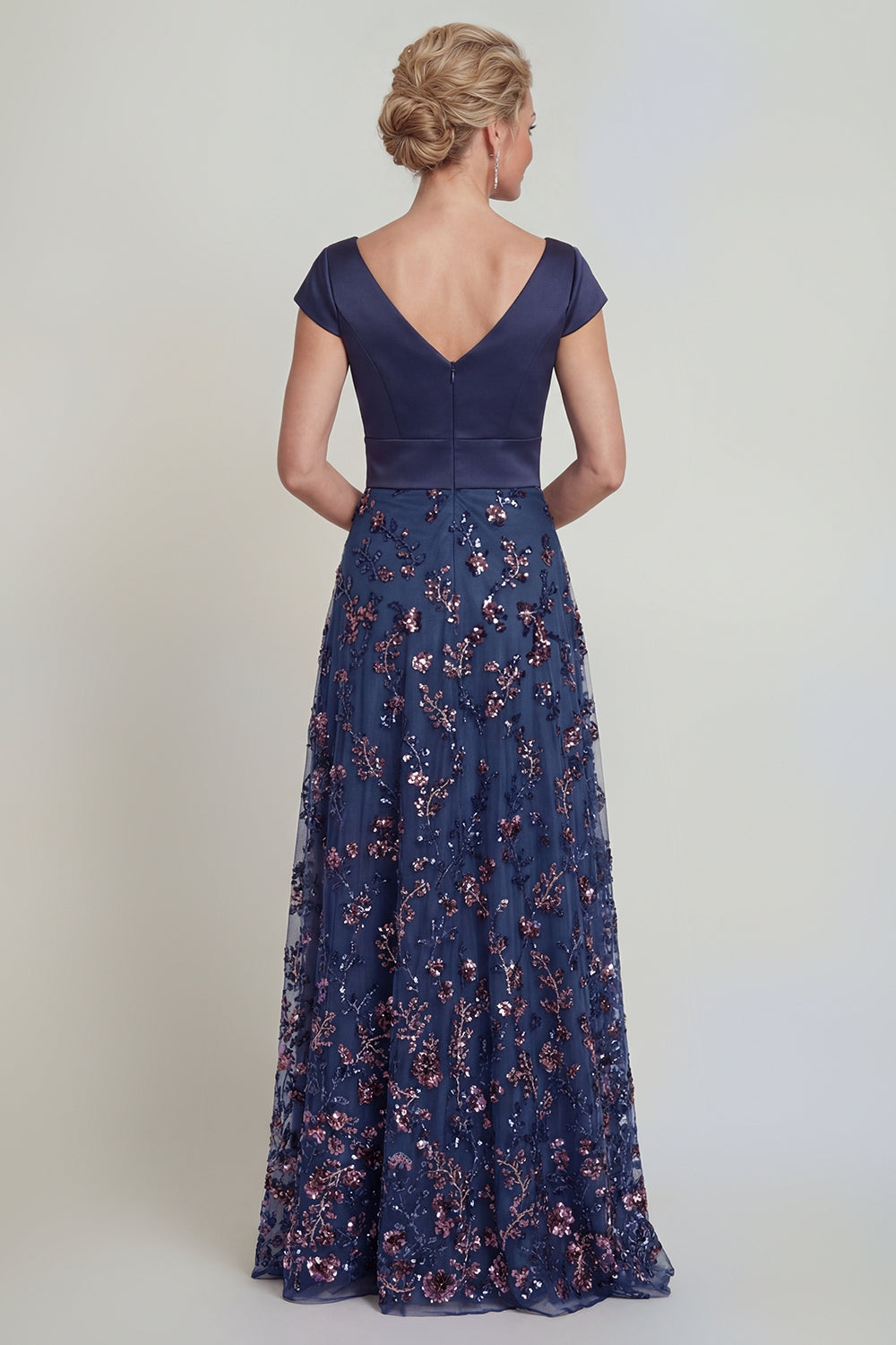 Sparkly Navy Floral A Line Maxi Evening Dress with Sleeves