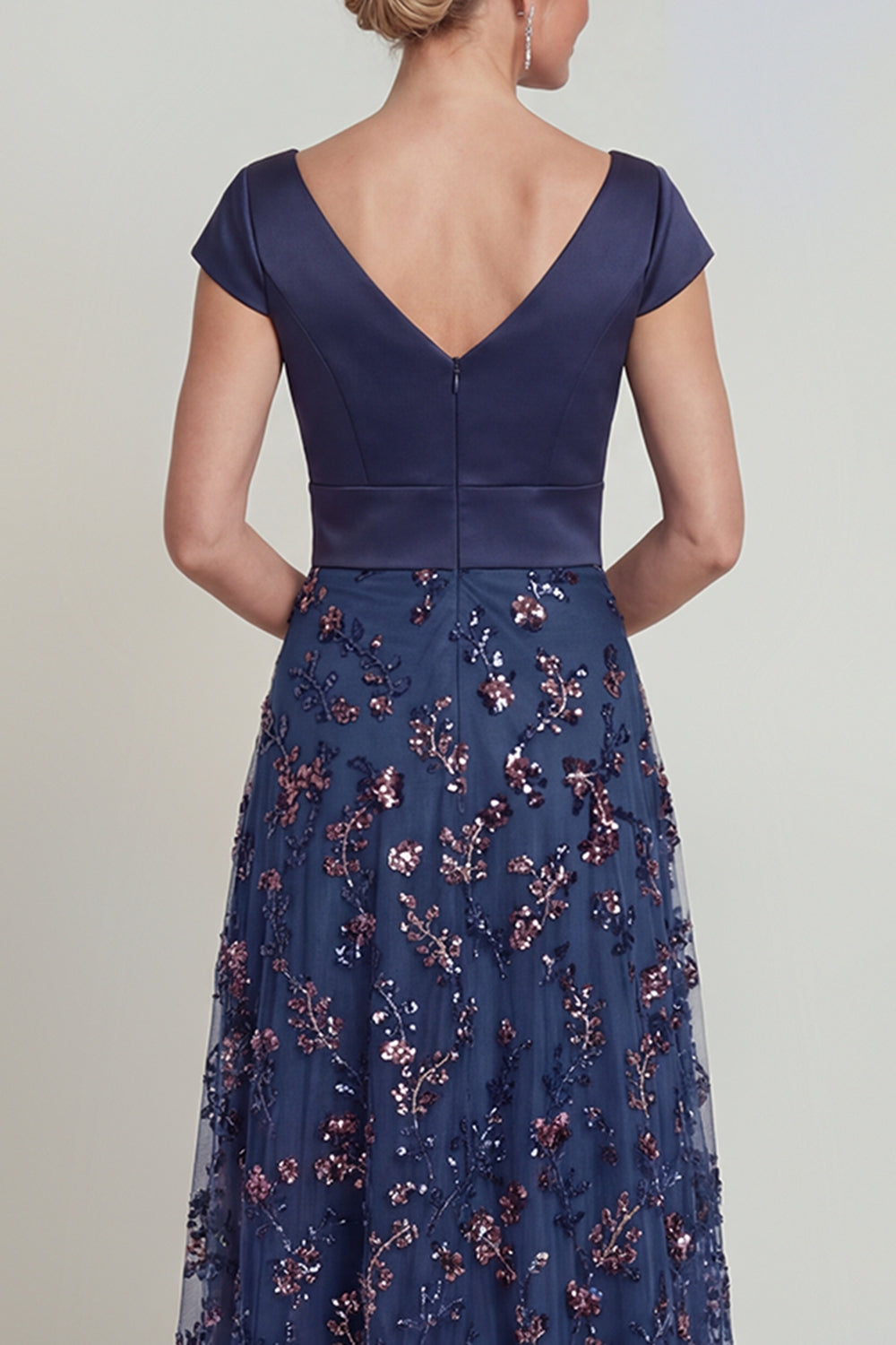 Sparkly Navy Floral A Line Maxi Evening Dress with Sleeves