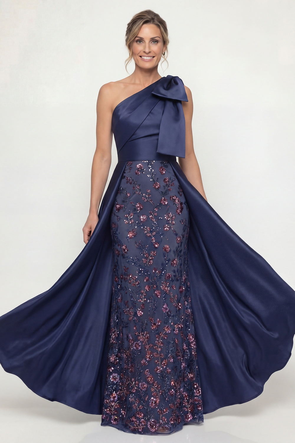 Sparkly Navy Mermaid Floral Long Evening Dress with Bow