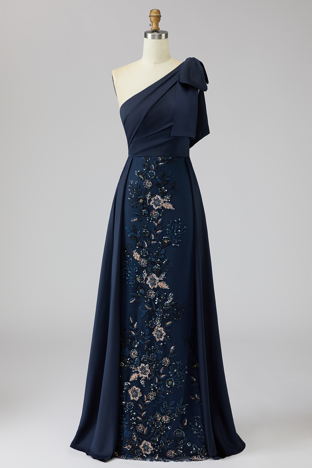 Sparkly Navy Mermaid Floral Long Evening Dress with Bow