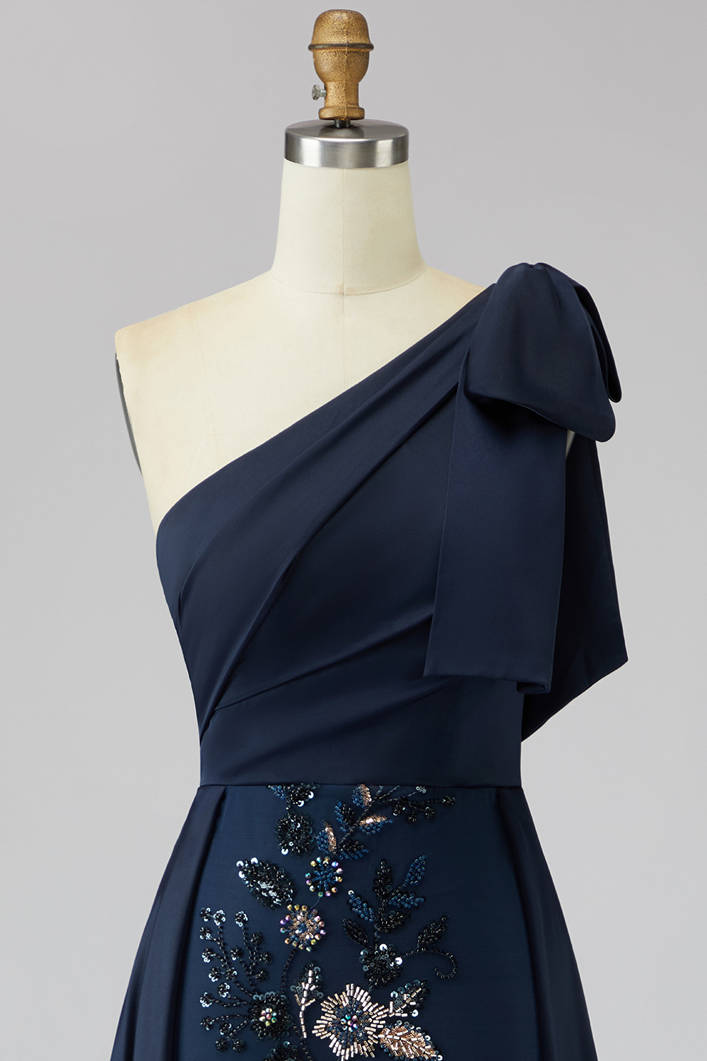 Sparkly Navy Mermaid Floral Long Evening Dress with Bow