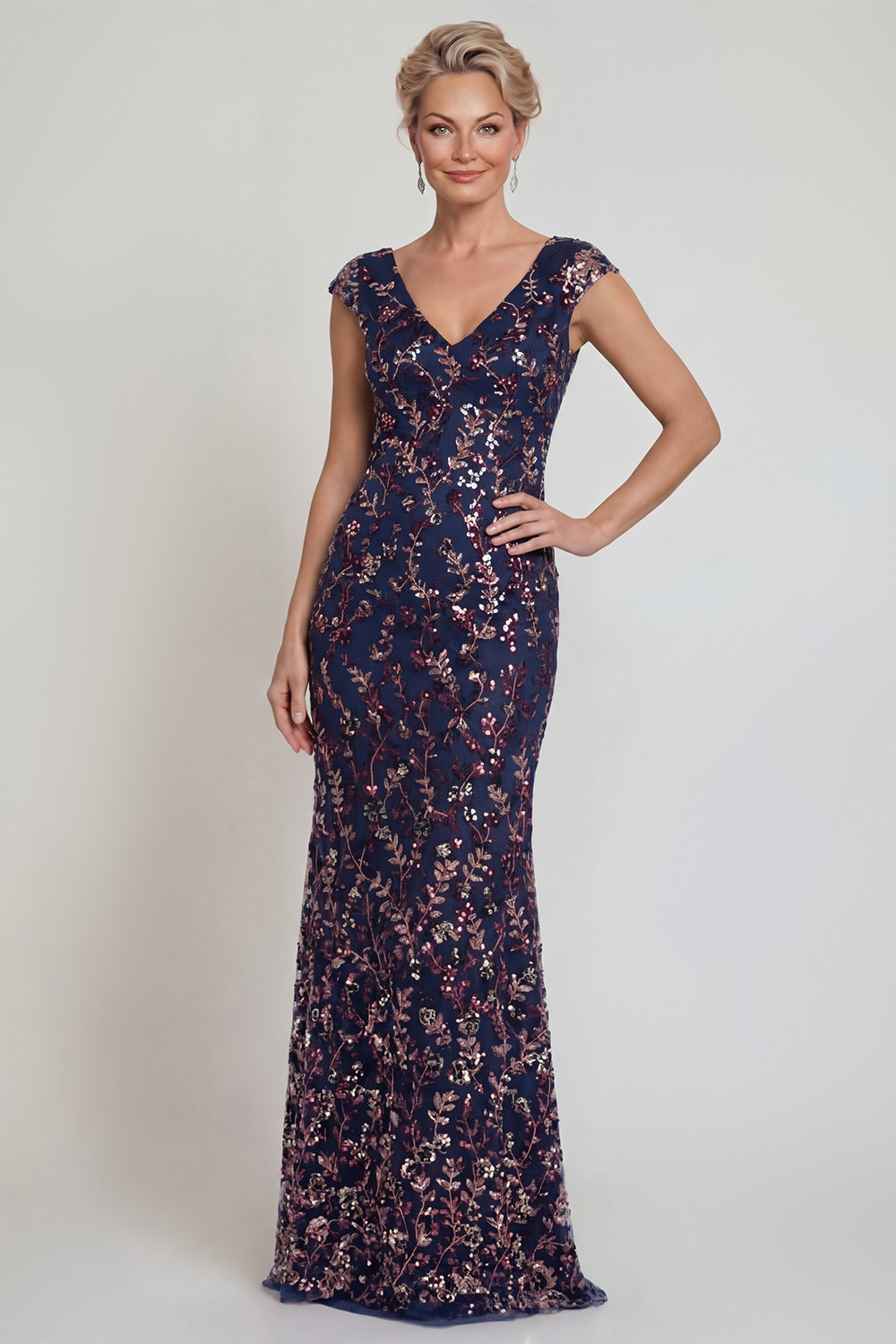 Sparkly Navy Mermaid Cap Sleeves Maxi Evening Dress with Sequins