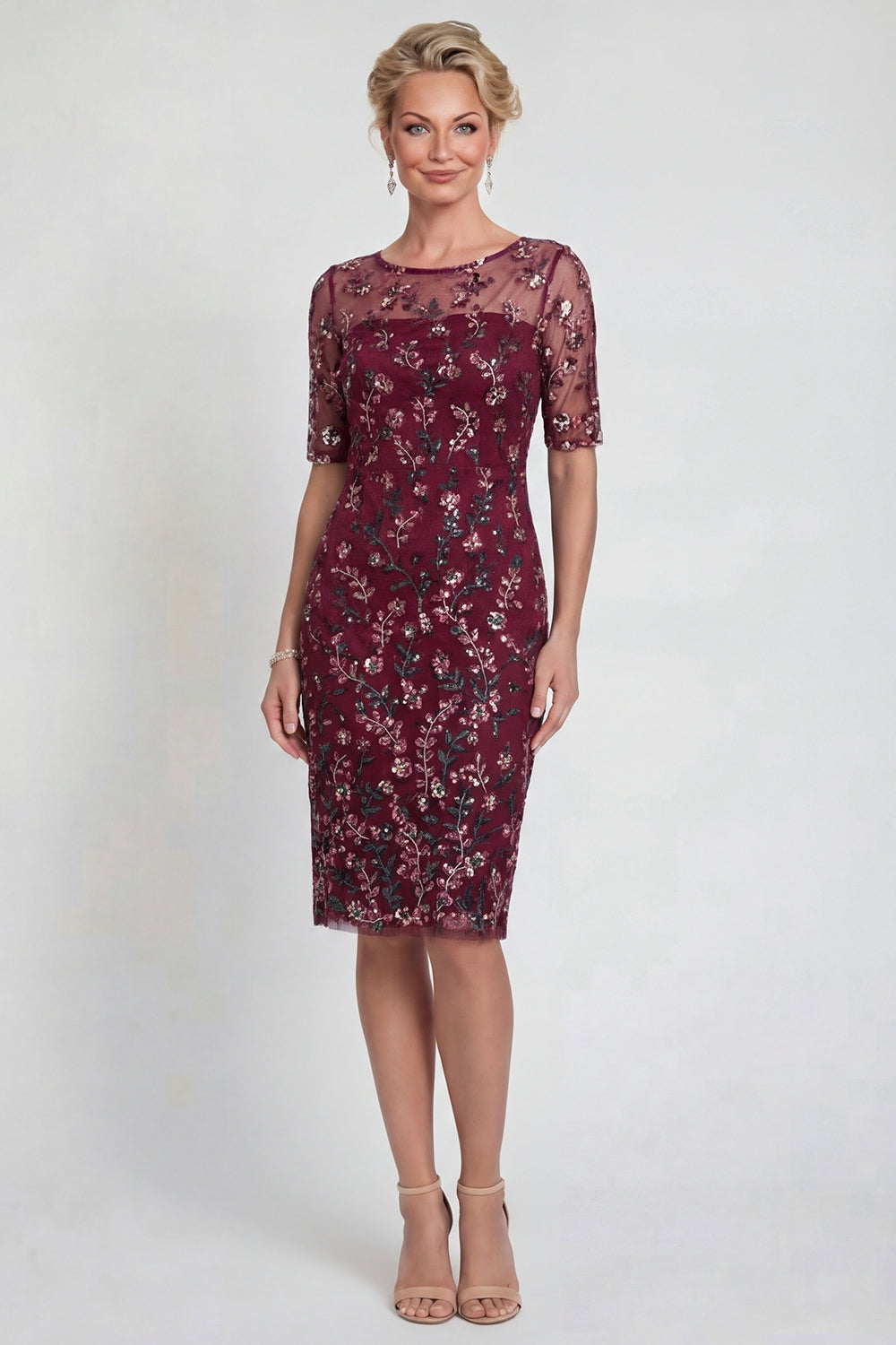 Sparkly Burgundy Bodycon Appliqued Midi Wedding Guest Dress