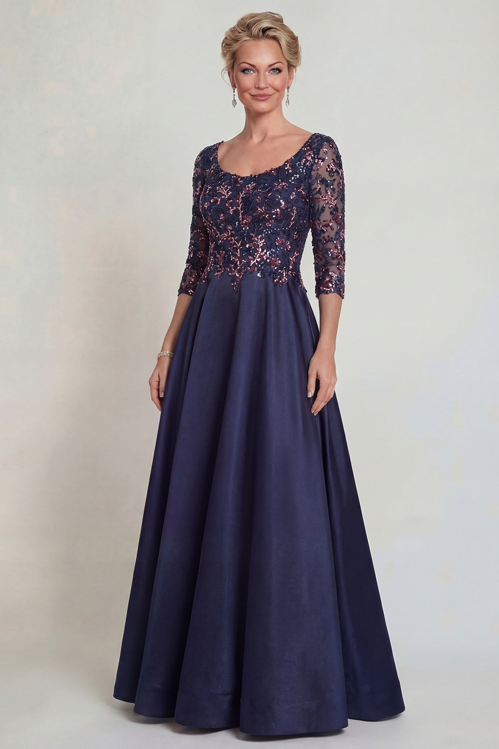 Sparkly Navy A Line Scoop Neck Long Evening Dress with Sleeves