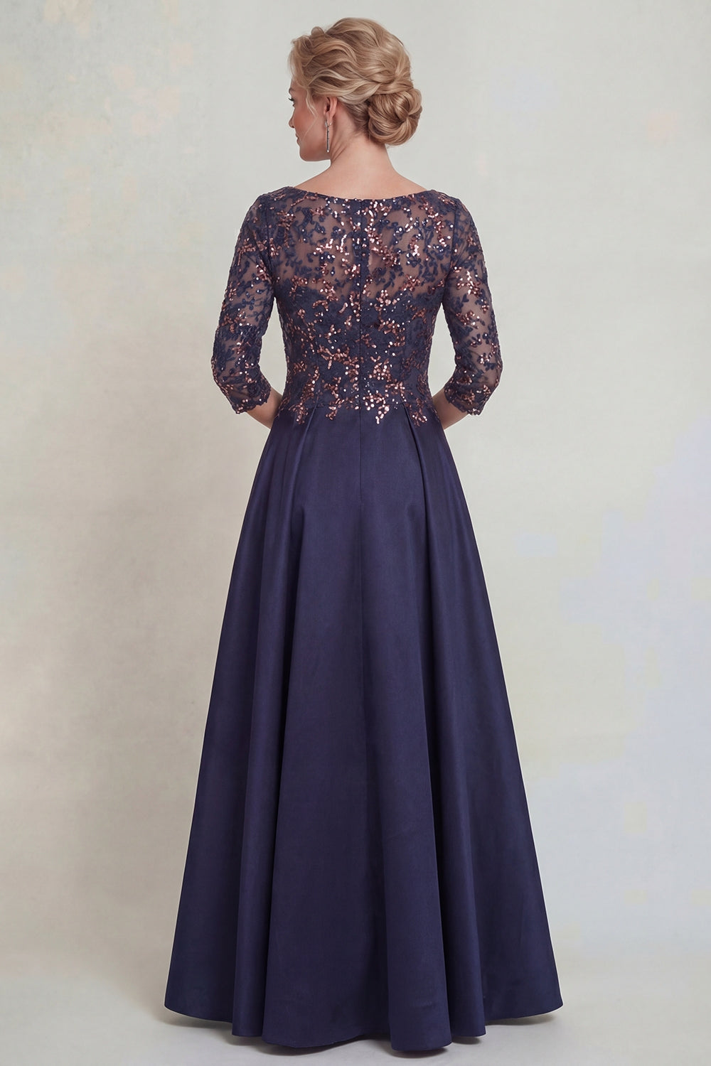 Sparkly Navy A Line Scoop Neck Long Evening Dress with Sleeves