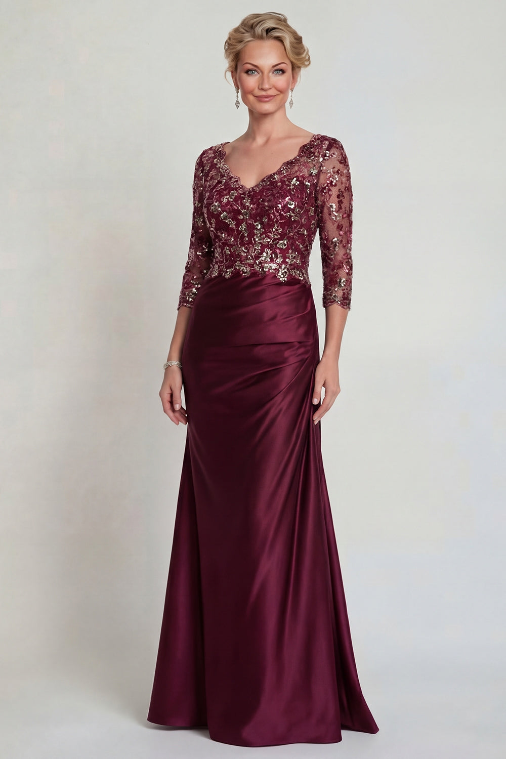 Sparkly Burgundy Sheath V Neck Maxi Evening Dress with Sleeves