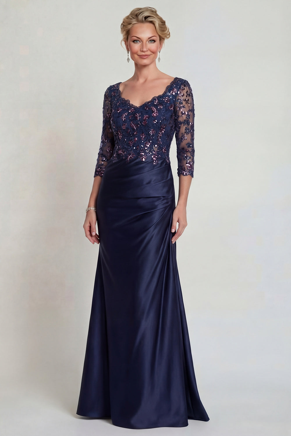 Sparkly Burgundy Sheath V Neck Maxi Evening Dress with Sleeves