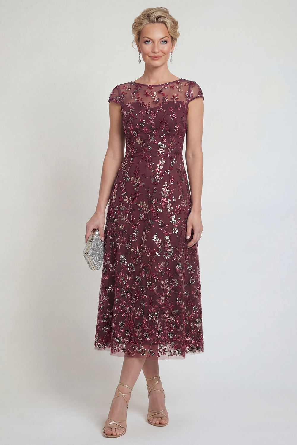 Sparkly Burgundy Boat Neck A Line Floral Long Evening Dress