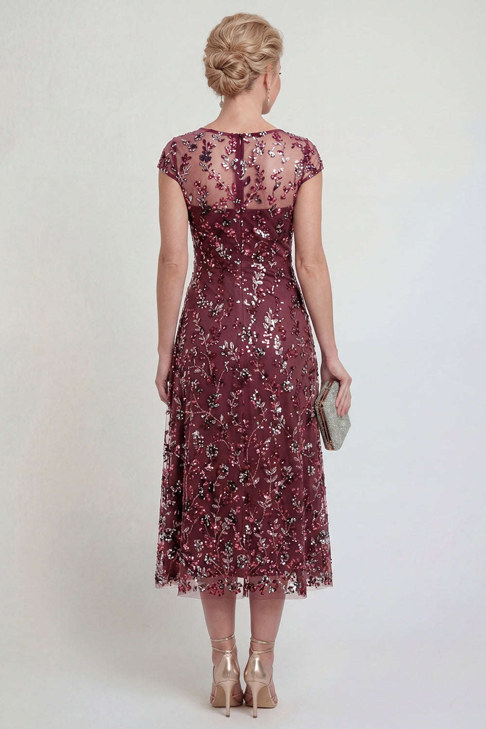 Sparkly Burgundy Boat Neck A Line Floral Long Evening Dress