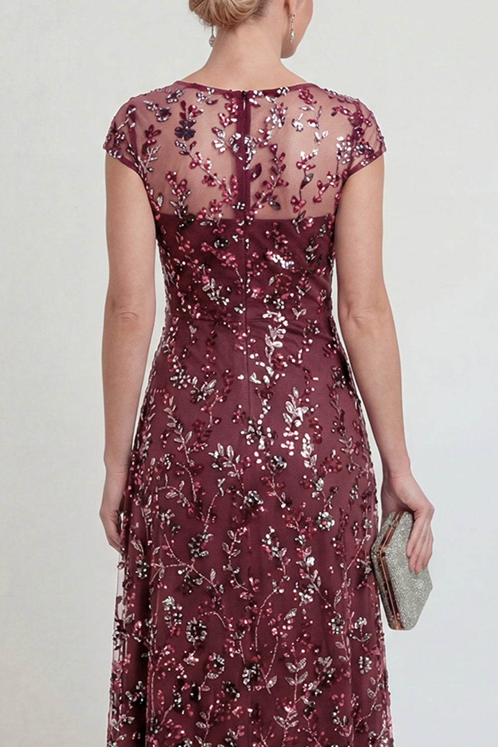Sparkly Burgundy Boat Neck A Line Floral Long Evening Dress