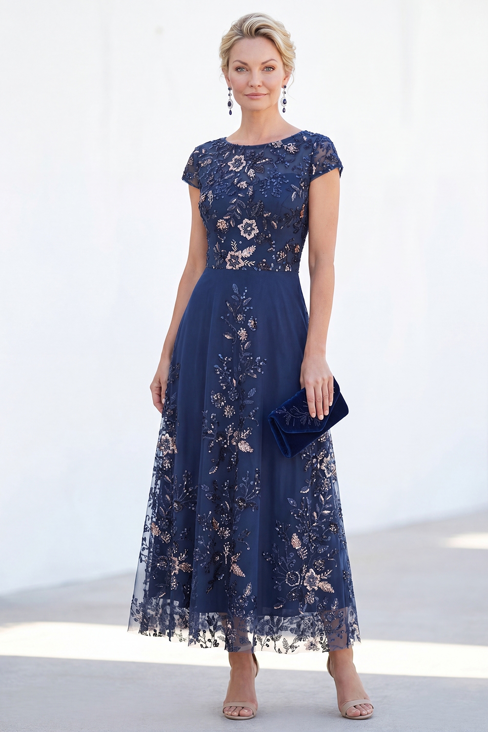 Sparkly Navy Boat Neck A Line Floral Long Evening Dress