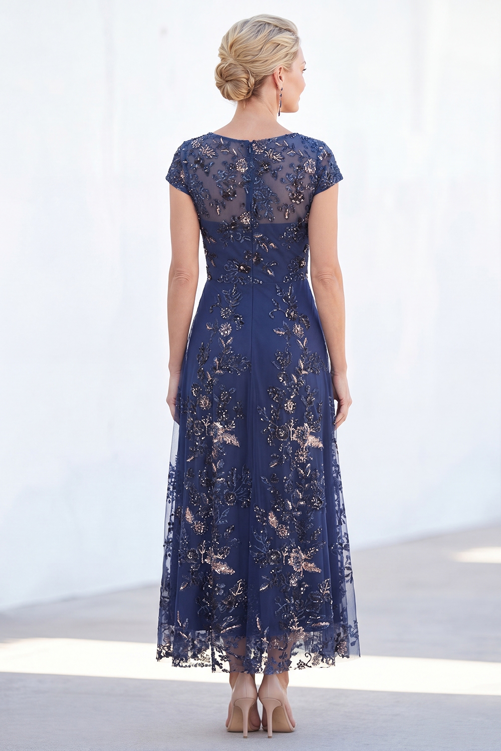 Sparkly Navy Boat Neck A Line Floral Long Evening Dress