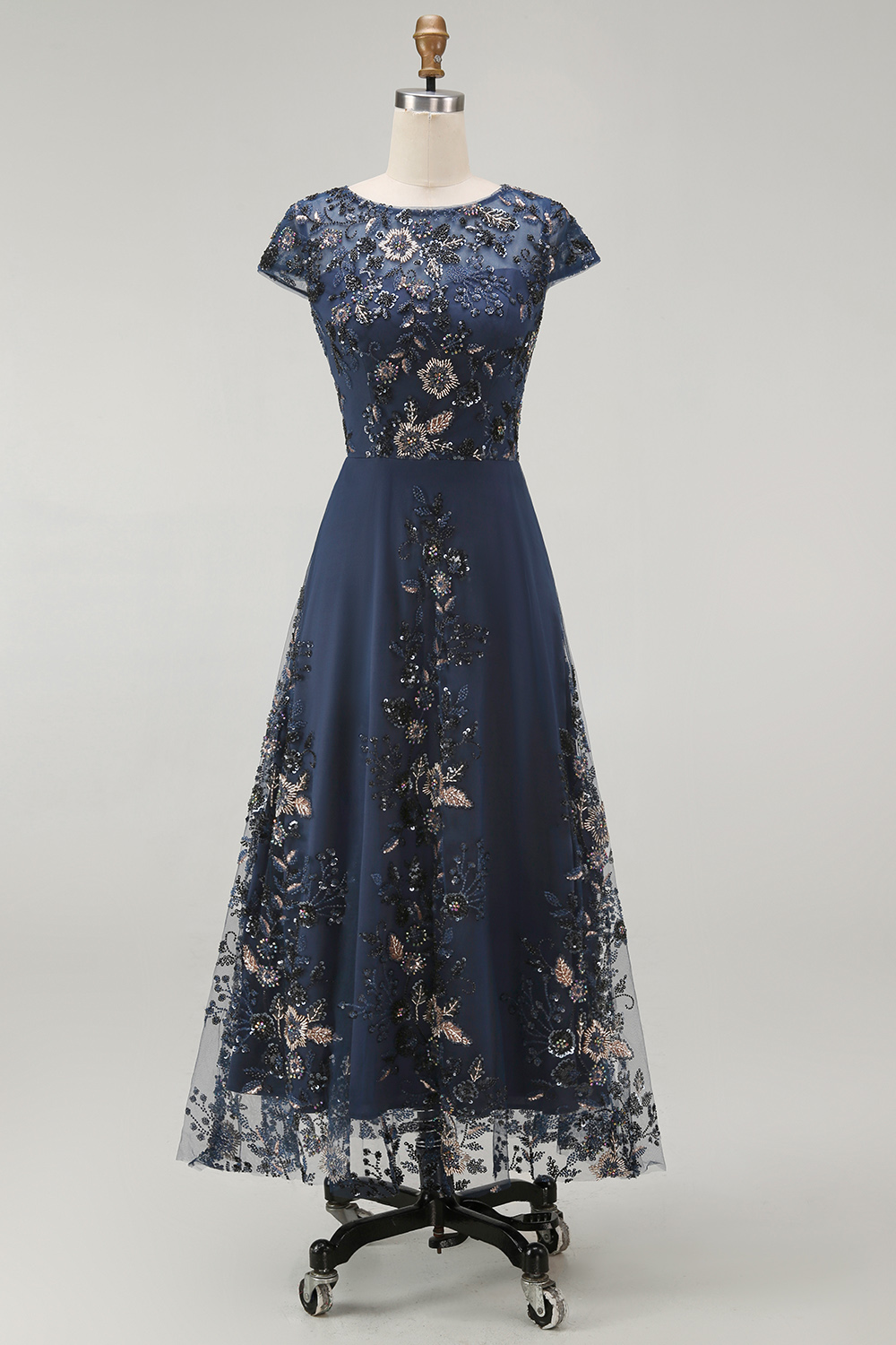 Sparkly Navy Boat Neck A Line Floral Long Evening Dress