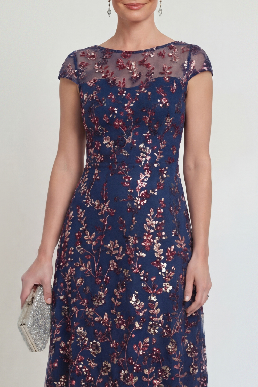 Sparkly Navy Boat Neck A Line Floral Long Evening Dress