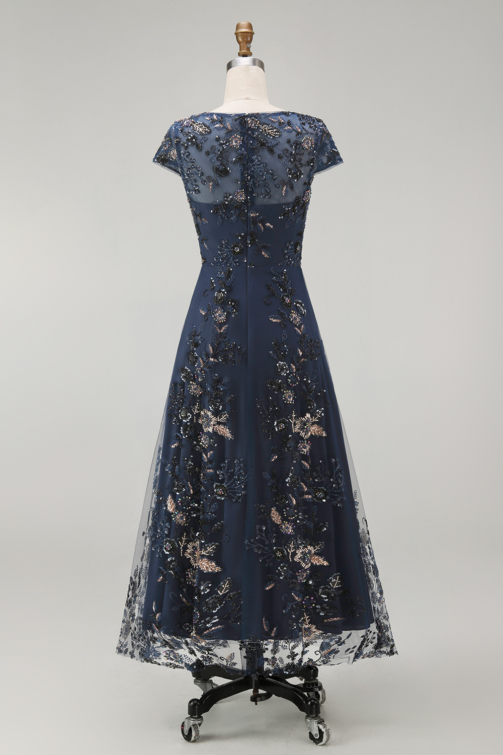 Sparkly Navy Boat Neck A Line Floral Long Evening Dress