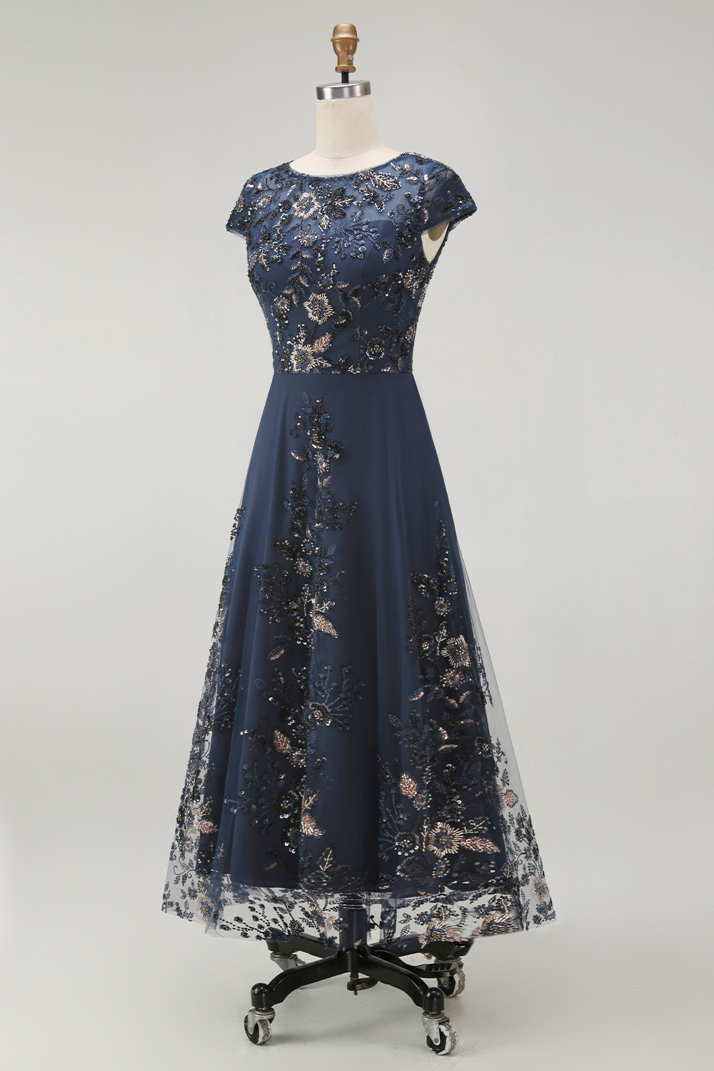 Sparkly Navy Boat Neck A Line Floral Long Evening Dress