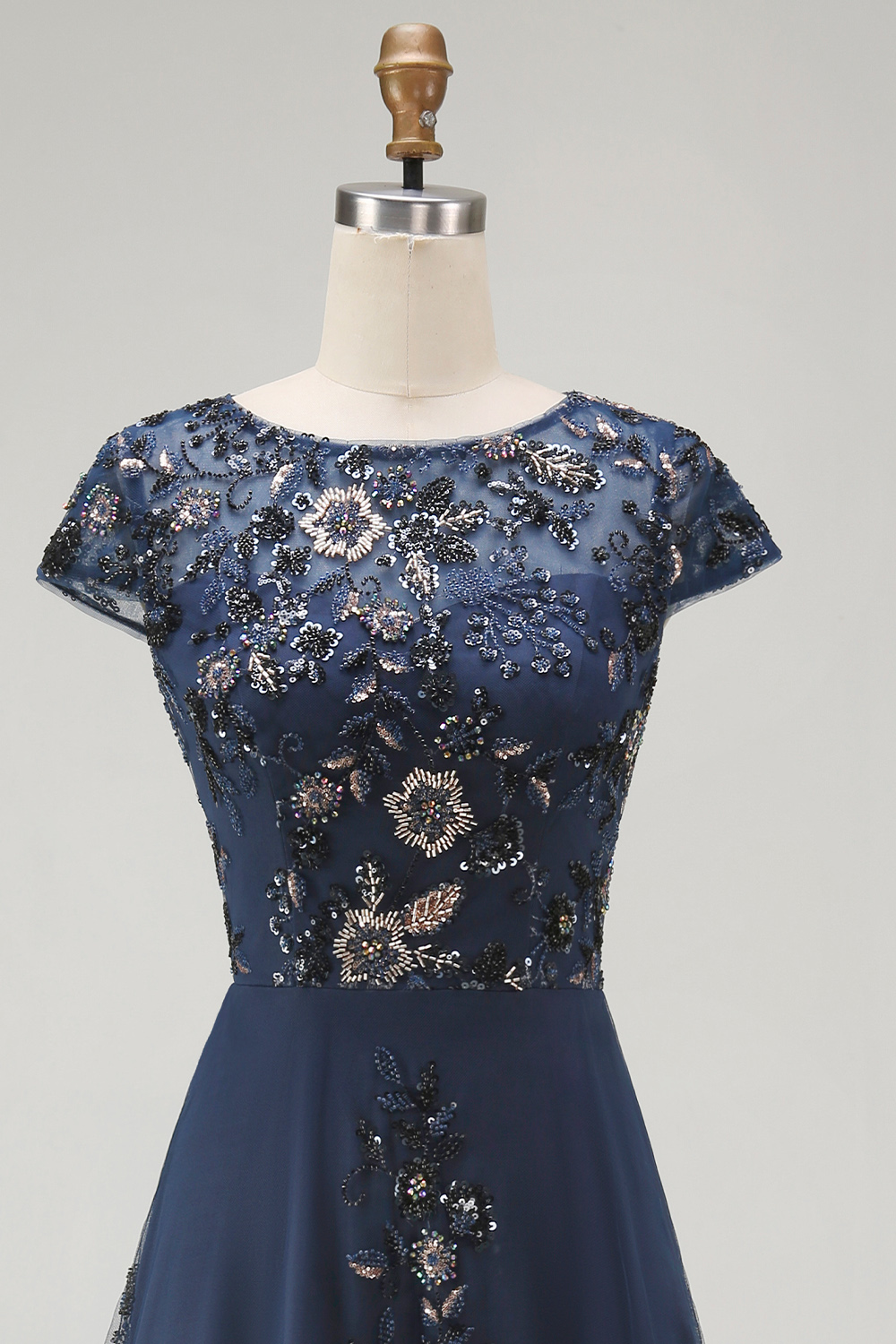Sparkly Navy Boat Neck A Line Floral Long Evening Dress