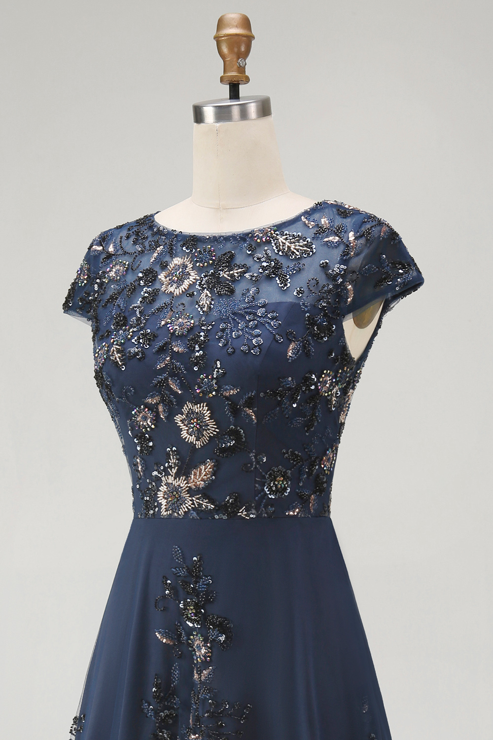 Sparkly Navy Boat Neck A Line Floral Long Evening Dress