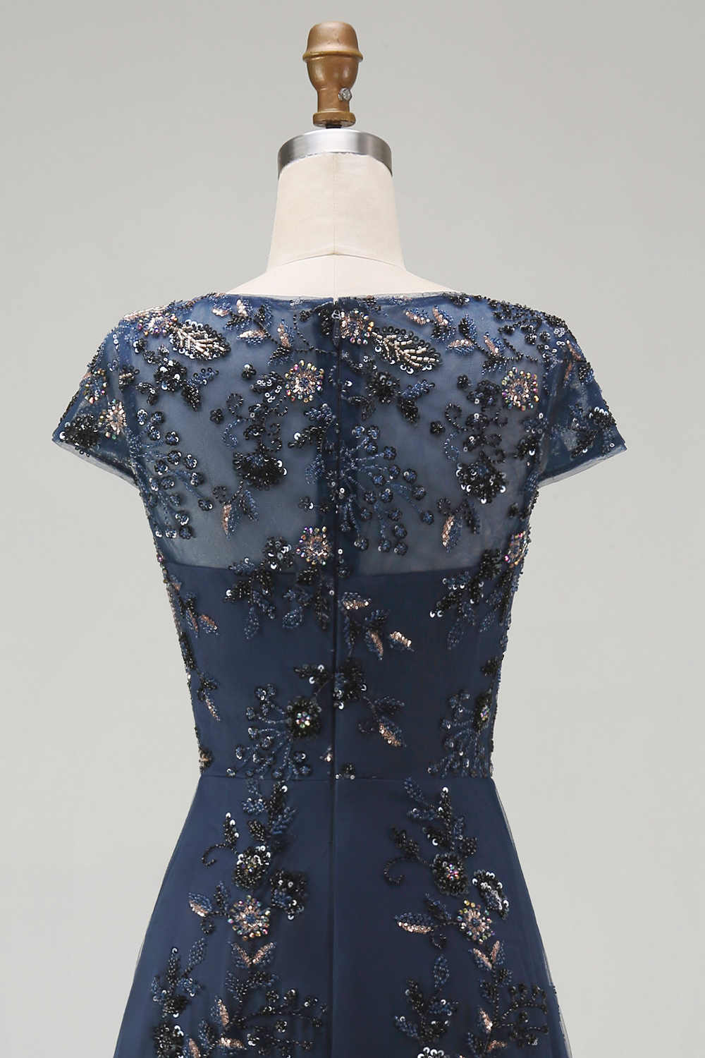 Sparkly Navy Boat Neck A Line Floral Long Evening Dress