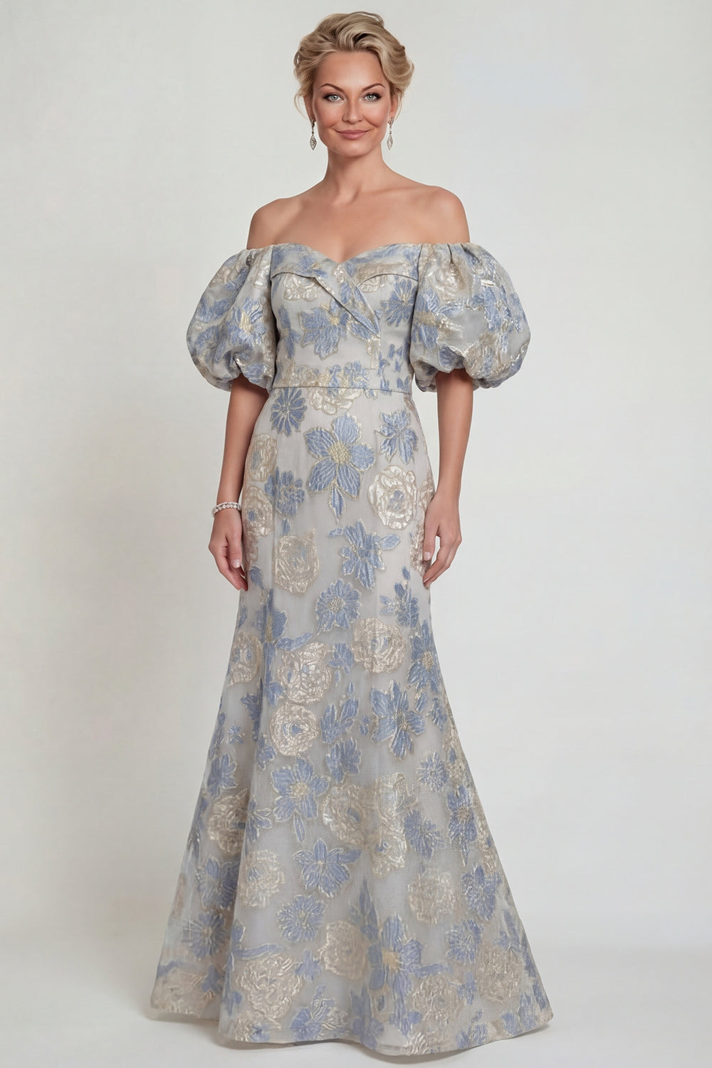 Dusty Blue Mermaid Floral Off the Shoulder Long Evening Dress with Sleeves