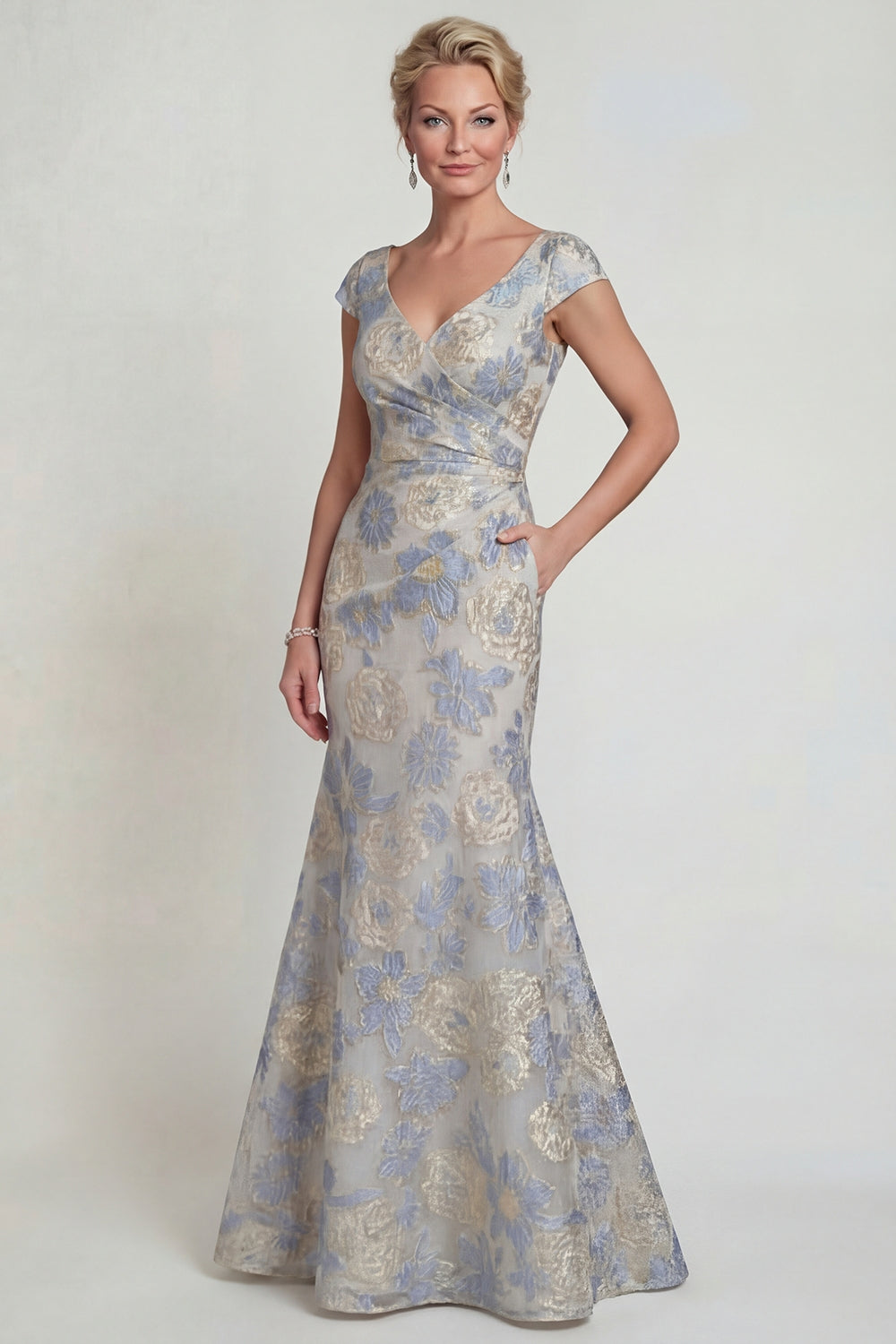 Dusty Blue Floral Cap Sleeves Mermaid Maxi Evening Dress