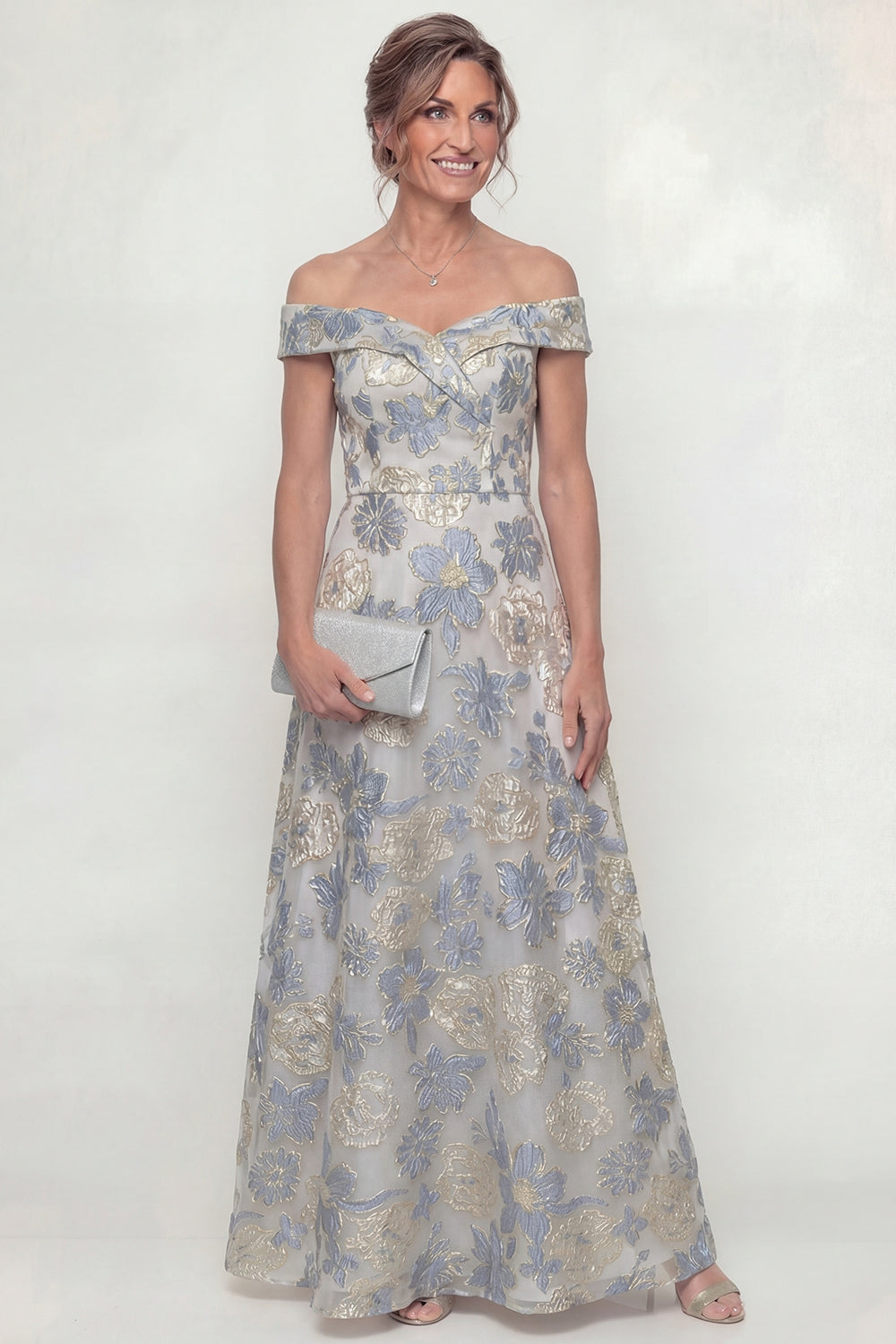 Dusty Blue A Line Floral Off the Shoulder Maxi Evening Dress