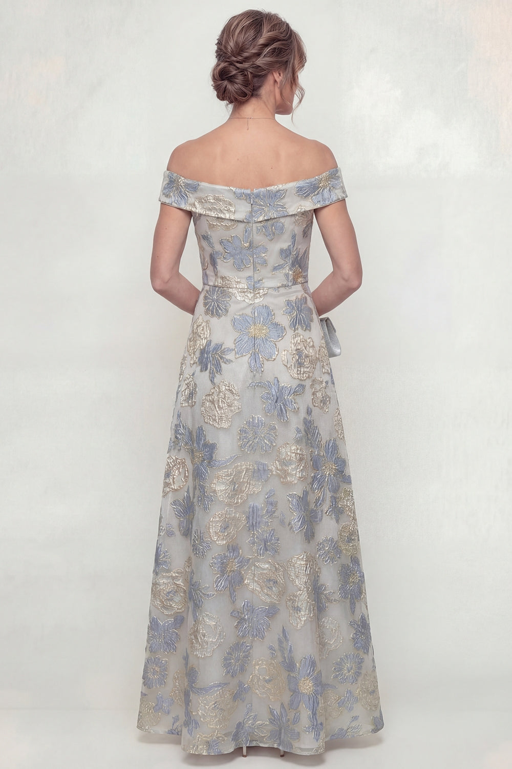Dusty Blue A Line Floral Off the Shoulder Maxi Evening Dress