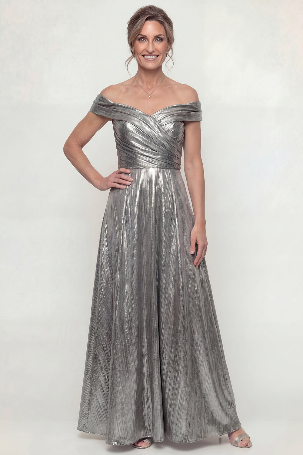 Grey Silver A Line Ruched Off the Shoulder Long Evening Dress
