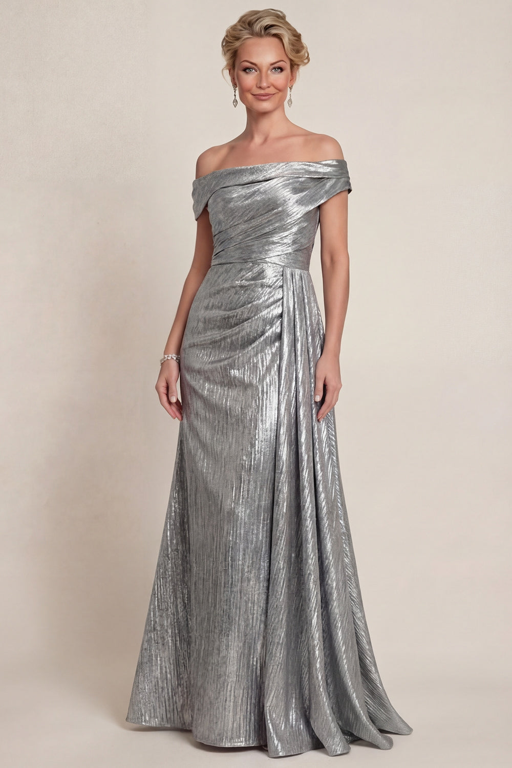 Grey Silver Mermaid Metallic Off the Shoulder Long  Evening Dress