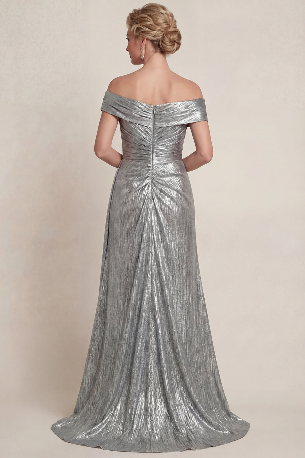Grey Silver Mermaid Metallic Off the Shoulder Long  Evening Dress